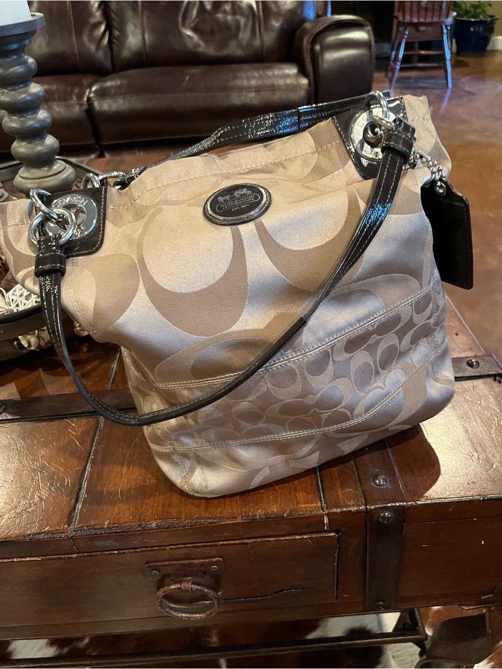 Coach Beige Signature Shoulder Bag with Black Patent Trim